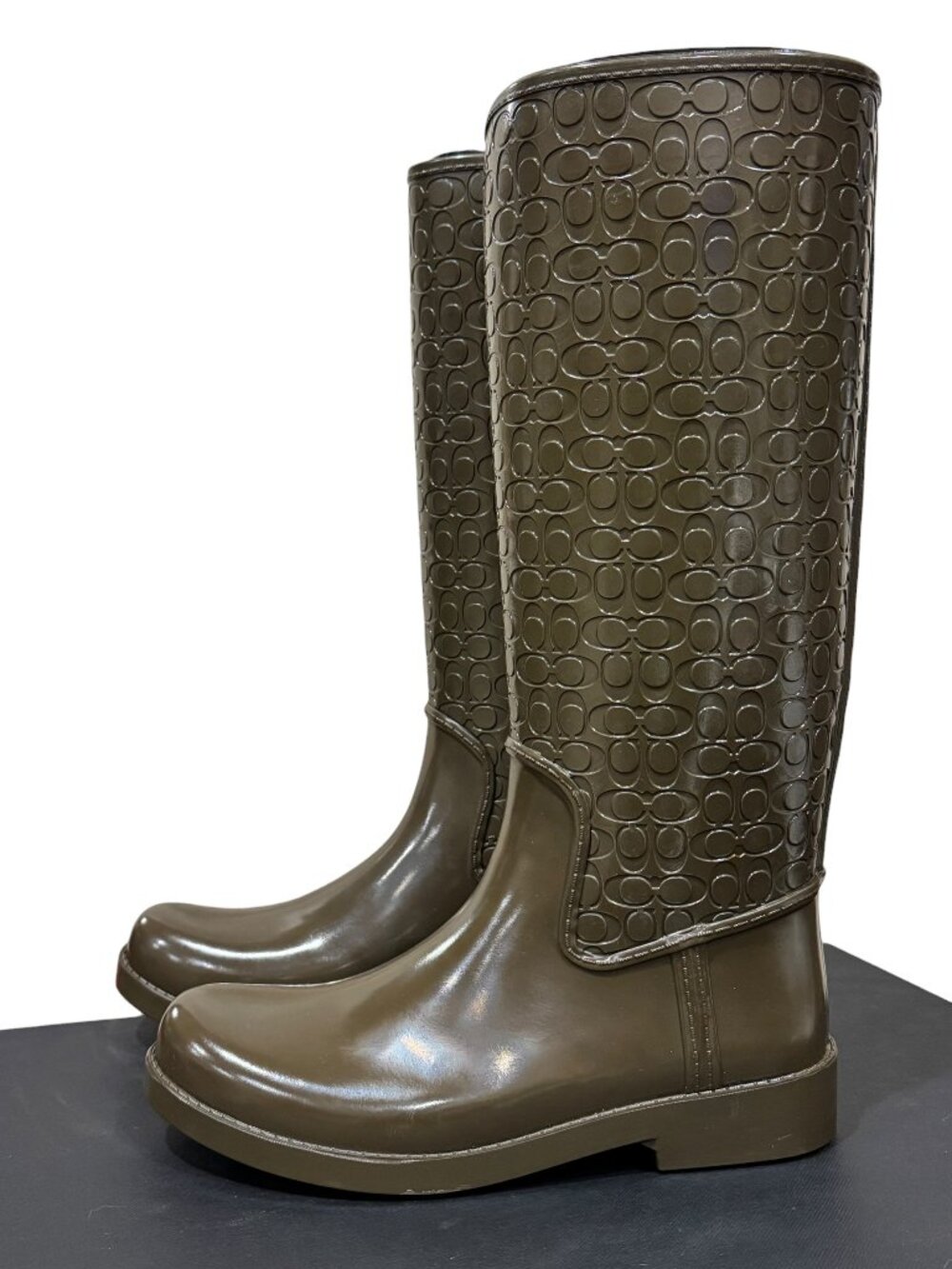 Coach Tudor Shiny Brown Rain Boots Women's Size 7 Signature Logo NWB